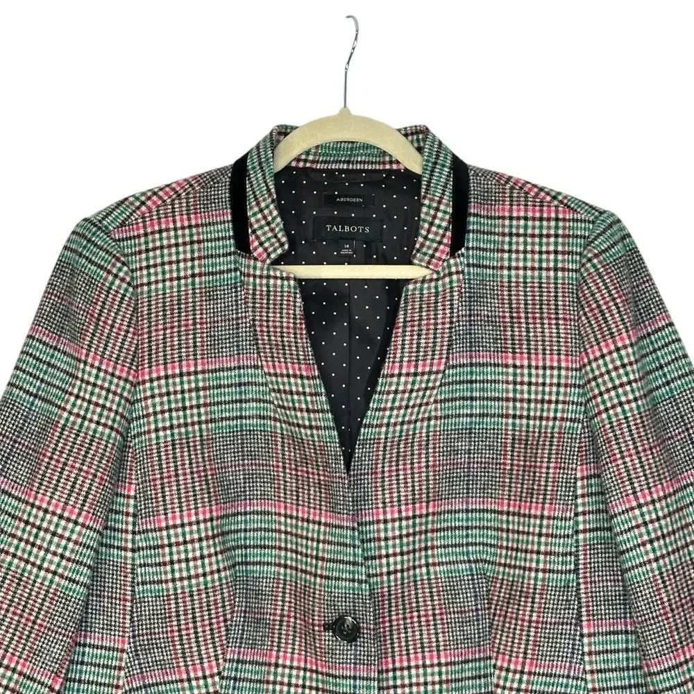 Talbots Shetland Aberdeen Tipped Plaid Wool Blend Blazer | Size 14